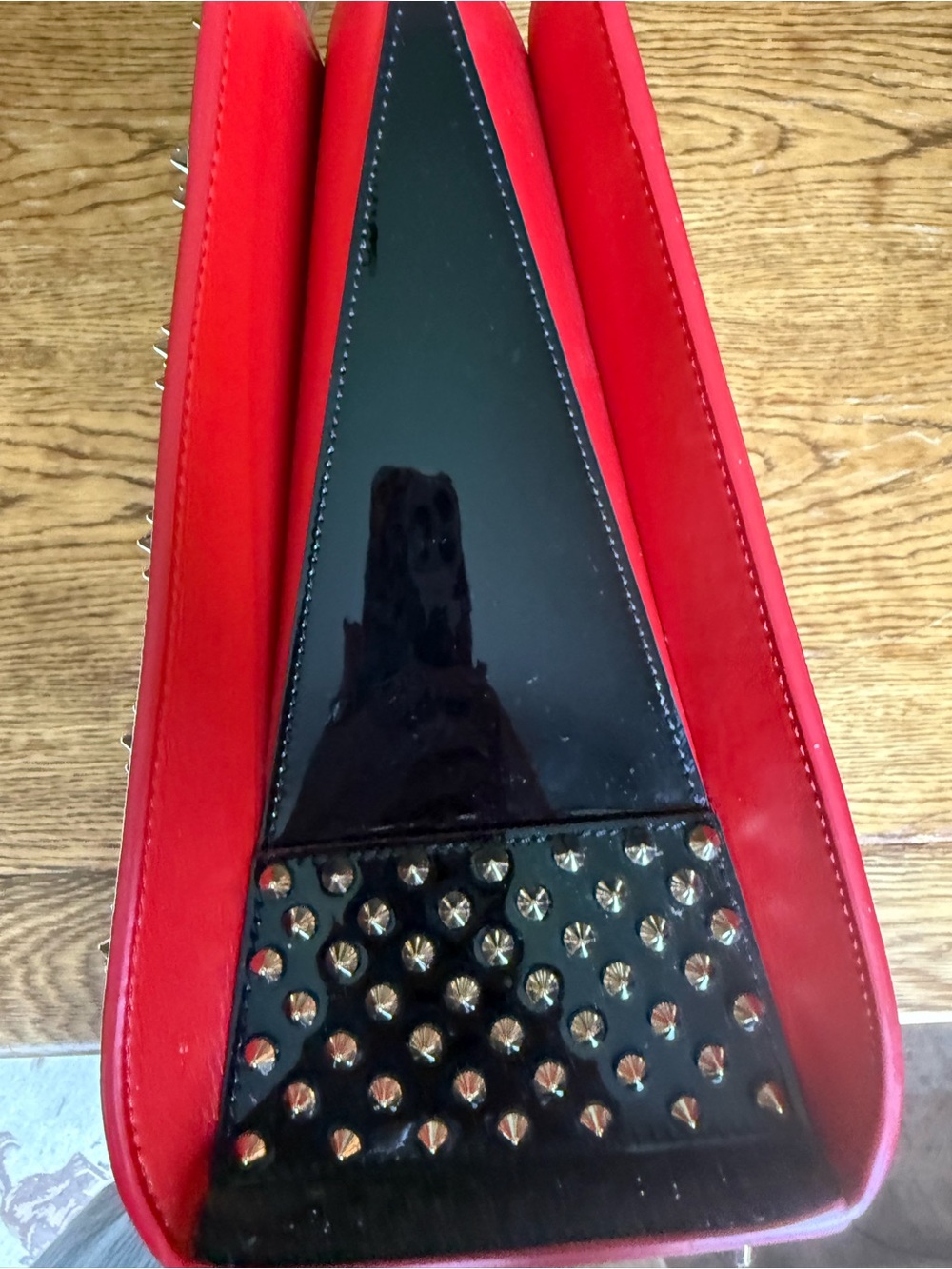 Christian Louboutin Paloma Black Studded Tote with Tan Handles and Red Trim - Picture 5 of 15